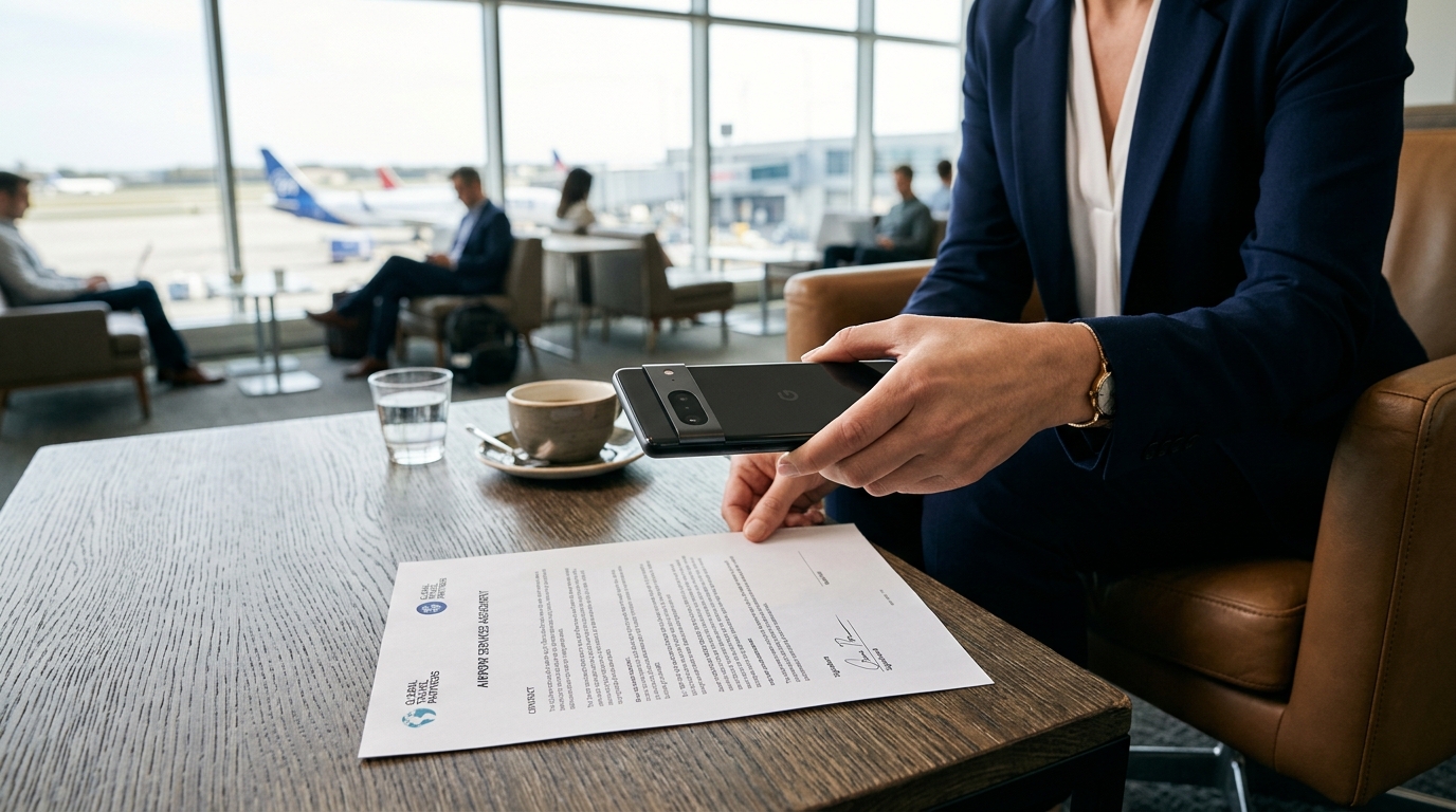 Un professionista seduto in una moderna lounge aeroportuale mentre usa uno smartphone