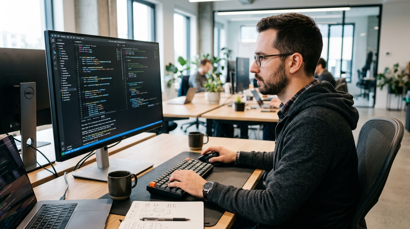 Inquadratura laterale ravvicinata di un ingegnere del software che lavora in un ufficio ben illuminato