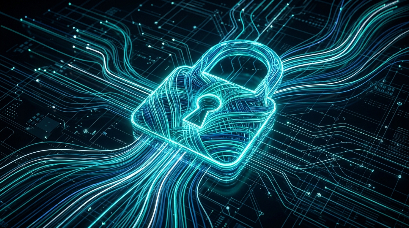 安全なデータルーティングを抽象的かつハイテクに可視化した図。輝く光ファイバーがプライバシーとセキュリティを象徴している。