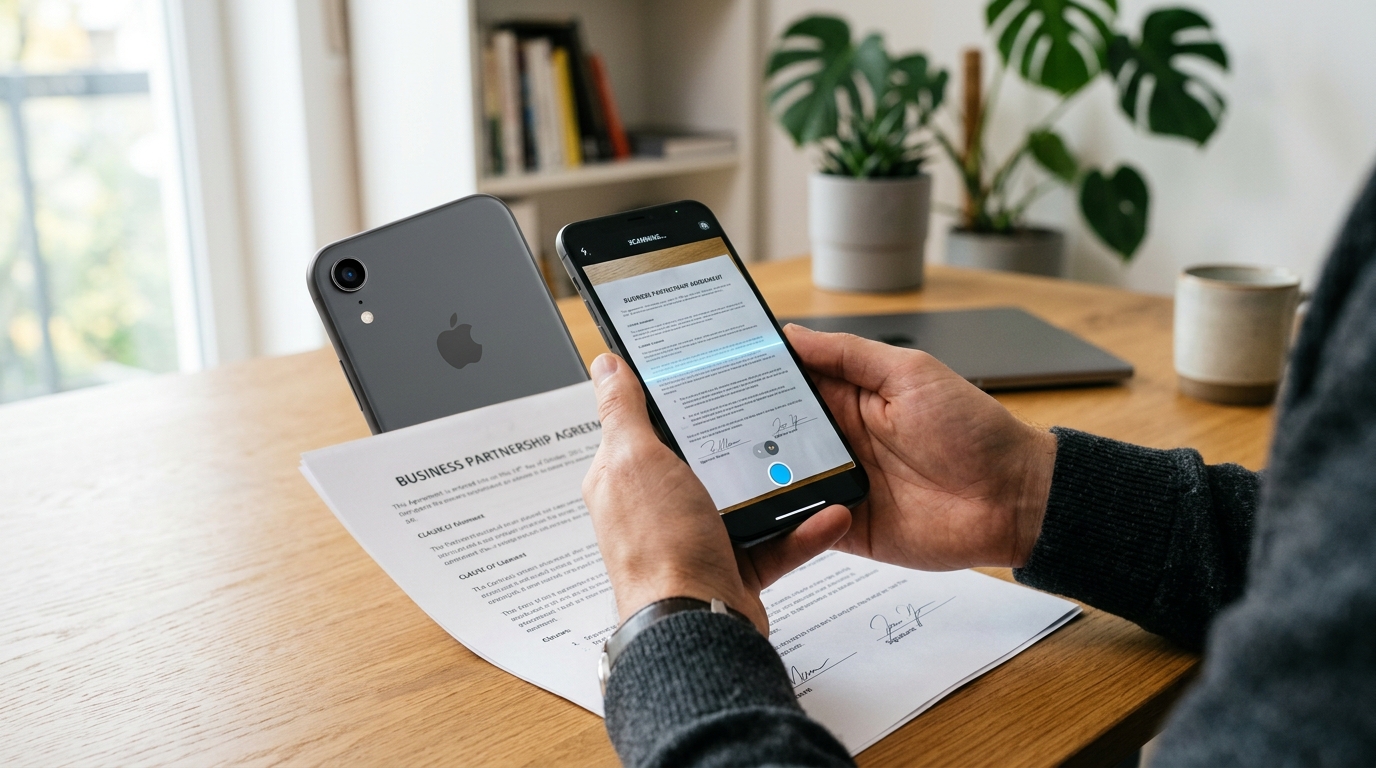 印刷されたビジネス契約書の上に最新のスマートフォンをかざし、書類をスキャンしている人のクローズアップ