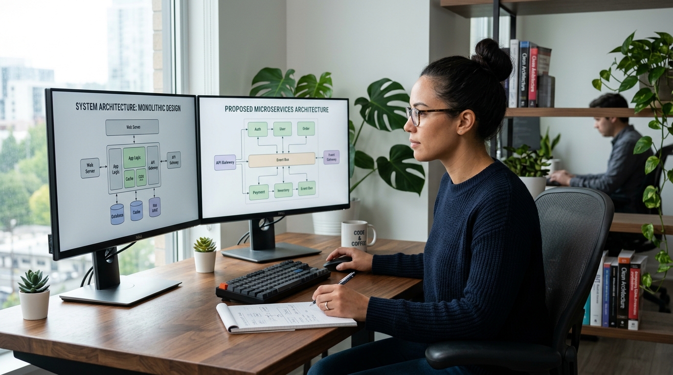 מהנדס תוכנה מקצועי בסביבת עבודה נקייה בוחן מכשירים ניידים שונים.