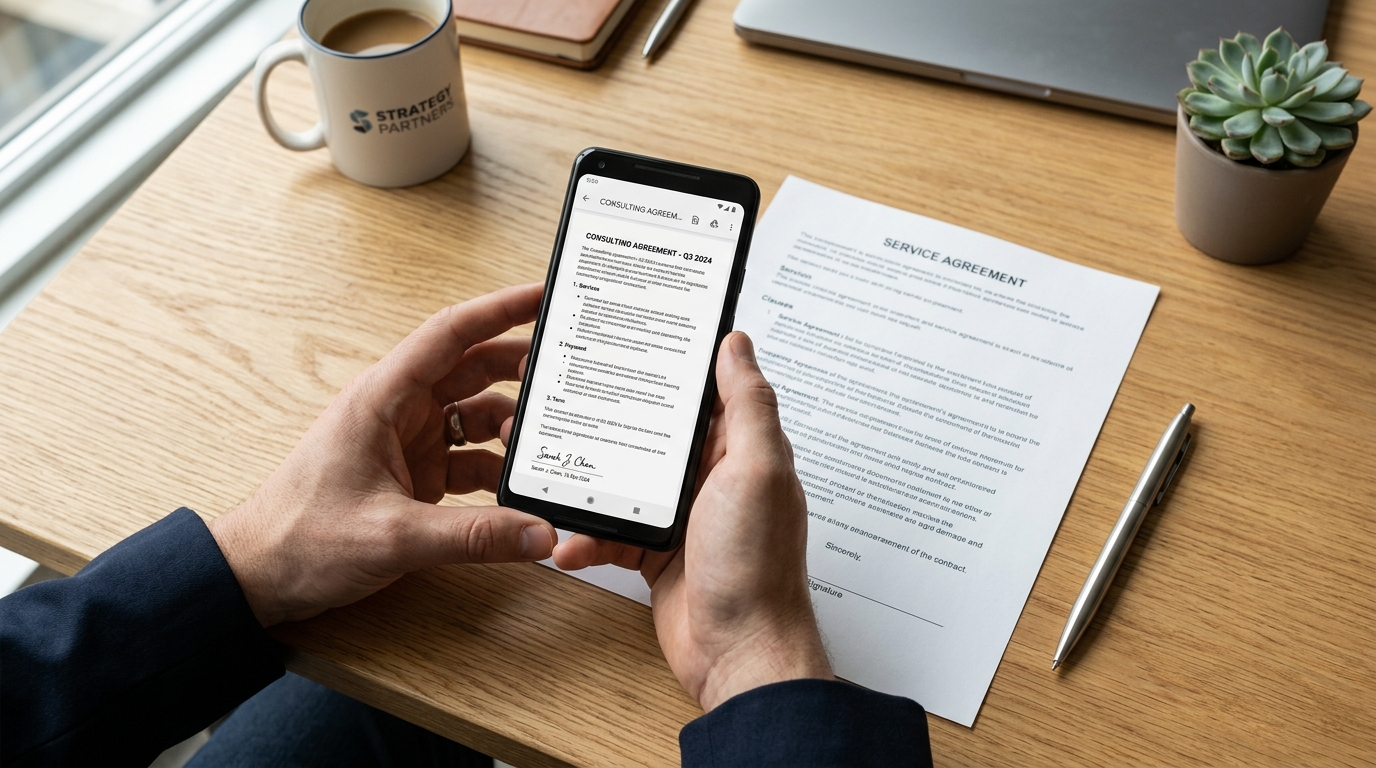 מבט מלמעלה על שולחן עבודה מעץ מודרני עם ידיים האוחזות במכשיר נייד.