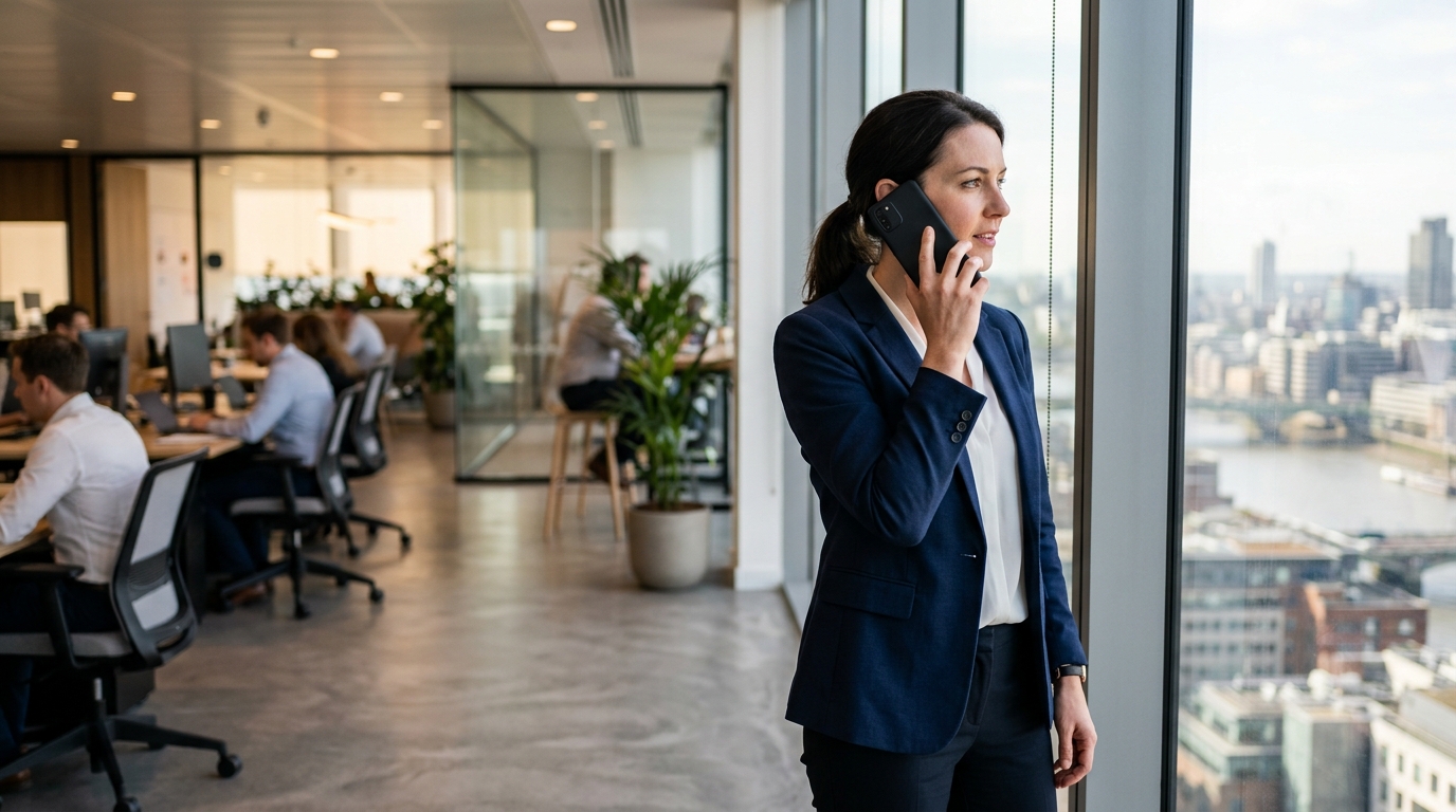 A professional individual in a modern, well-lit corporate office environment, streamlining workflows using a mobile device.