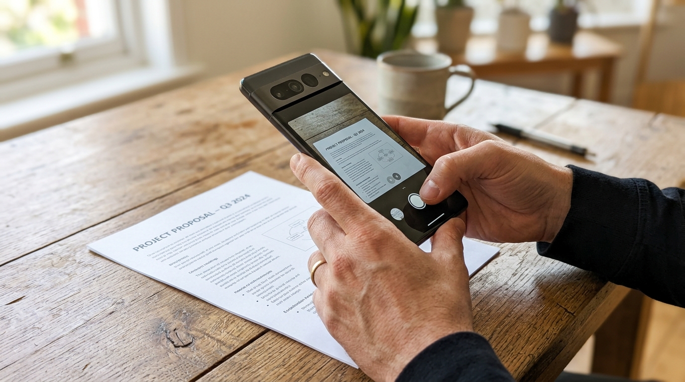 A close-up shot of a person's hands holding a smartphone over a wooden table, accessing a productivity application.