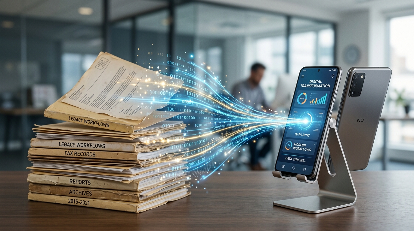 오래된 비즈니스 서류 더미가 디지털 워크플로우로 전환되는 모습을 보여주는 개념적 이미지.