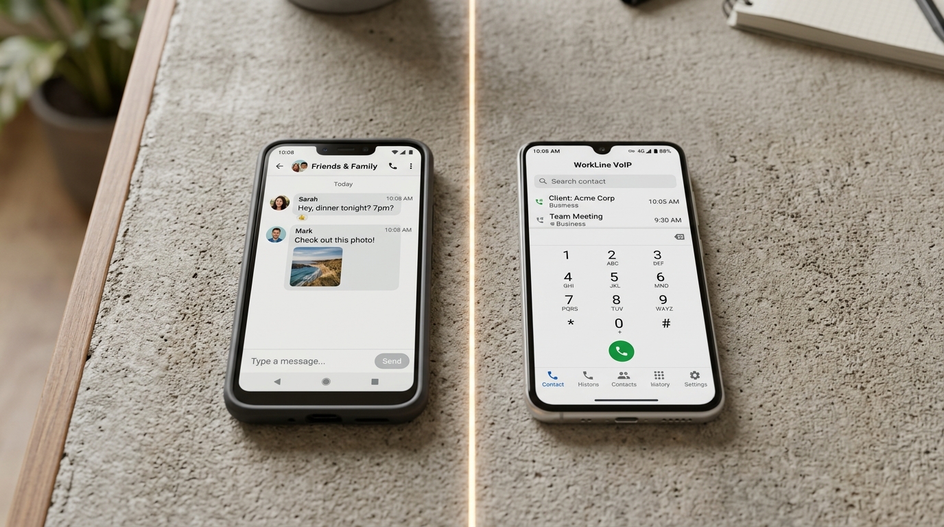 서로 다른 앱 인터페이스를 보여주는 두 대의 스마트폰이 책상 위에 나란히 놓여 있는 모습.