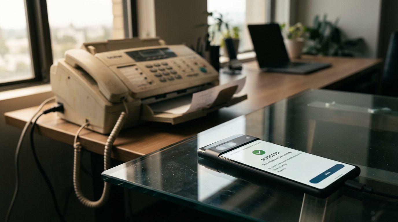 一张概念照片，显示了复古传真机旁放着一台现代智能手机，说明了传统通信向移动应用的转型。