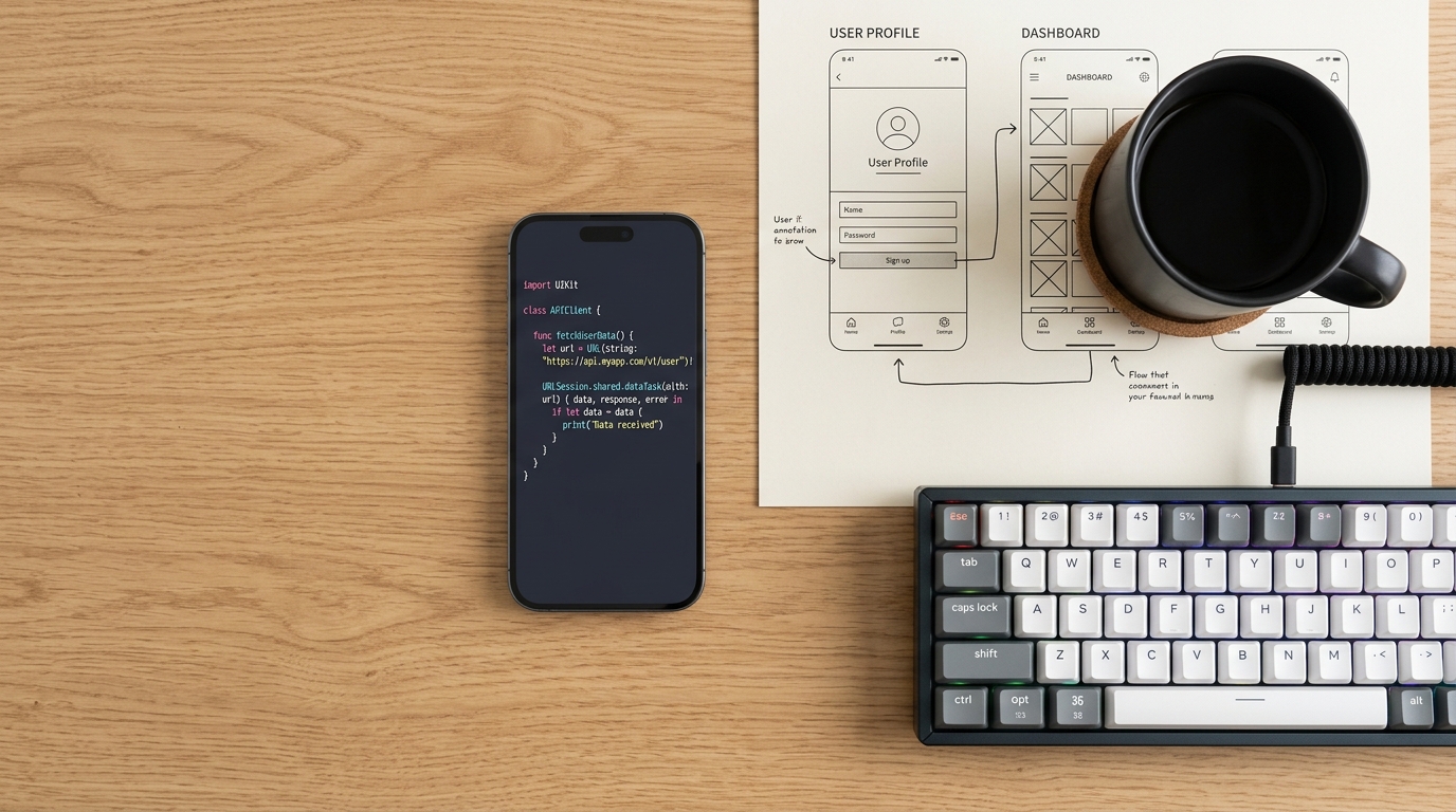 一个简洁、极简的开发者工作区，包含智能手机和文档，代表了物理任务与数字解决方案之间的桥梁。