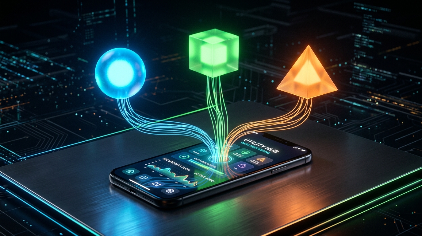 An abstract, conceptual 3D rendering representing specialized utility applicatio...
