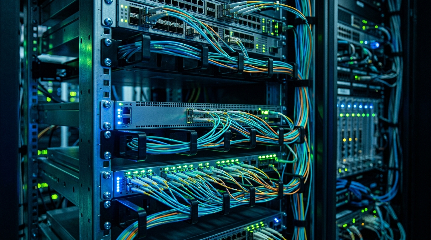 Close up of a professional server rack and network routing hardware with glowing...