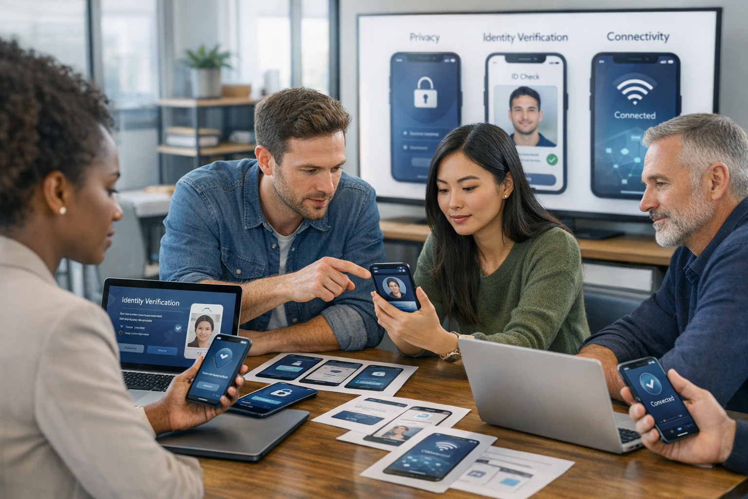 Professionell redaktionell omslagsbild av ett modernt mobilappföretag i arbete...