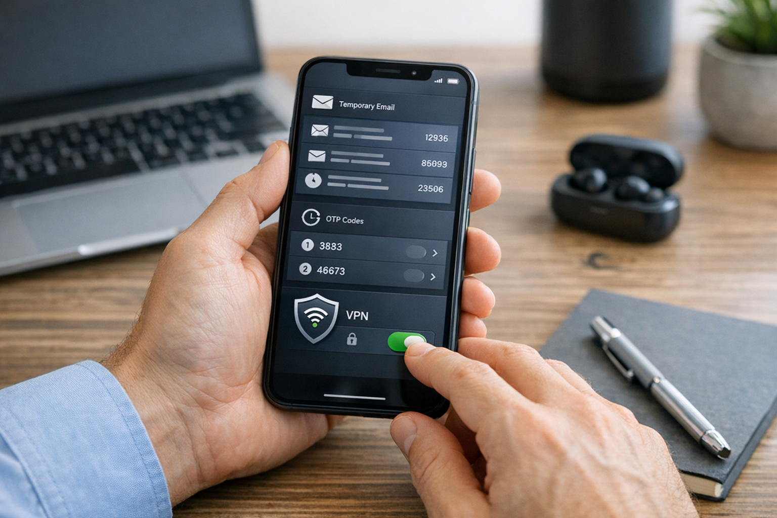 Realistisk närbild av en person som använder en smartphone för att hantera verifieringsmeddelanden...
