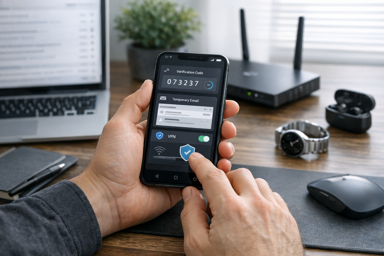 Реалистичная крупная сцена: человек использует смартфон для управления сообщения...