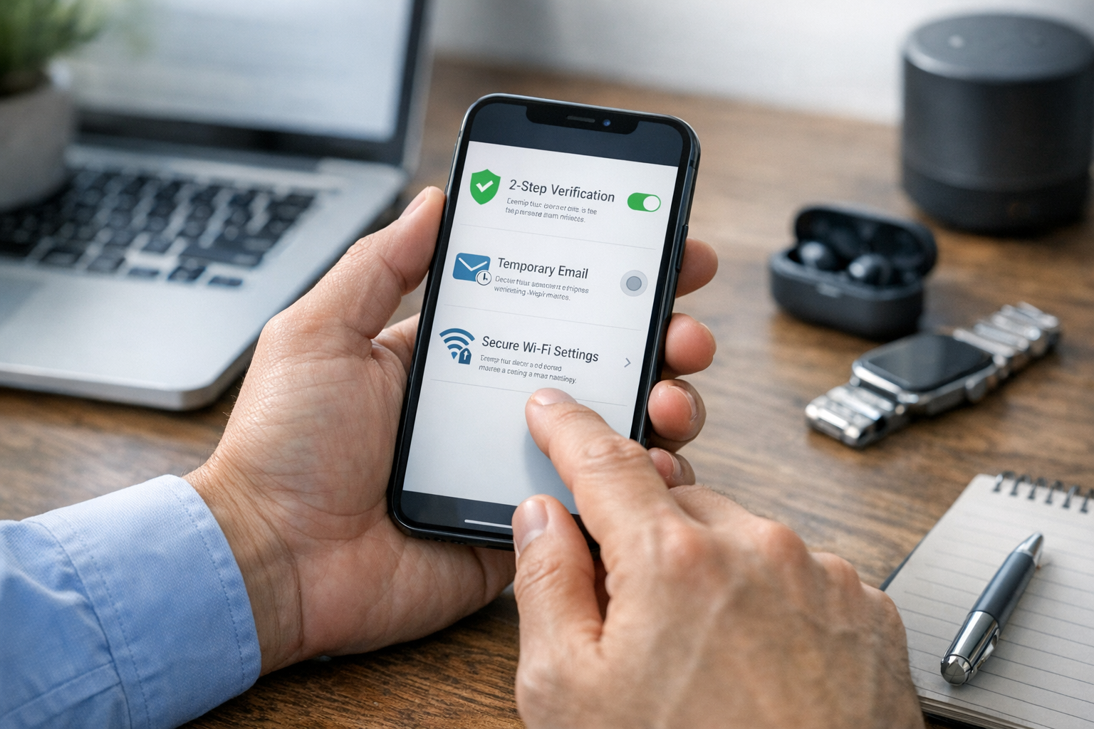 認証メッセージ、一時メール、安全なネットワーク設定をスマートフォンで管理している人物のリアルなクローズアップシーン。UIを連想させるすっきりした視覚要素、さりげ...
