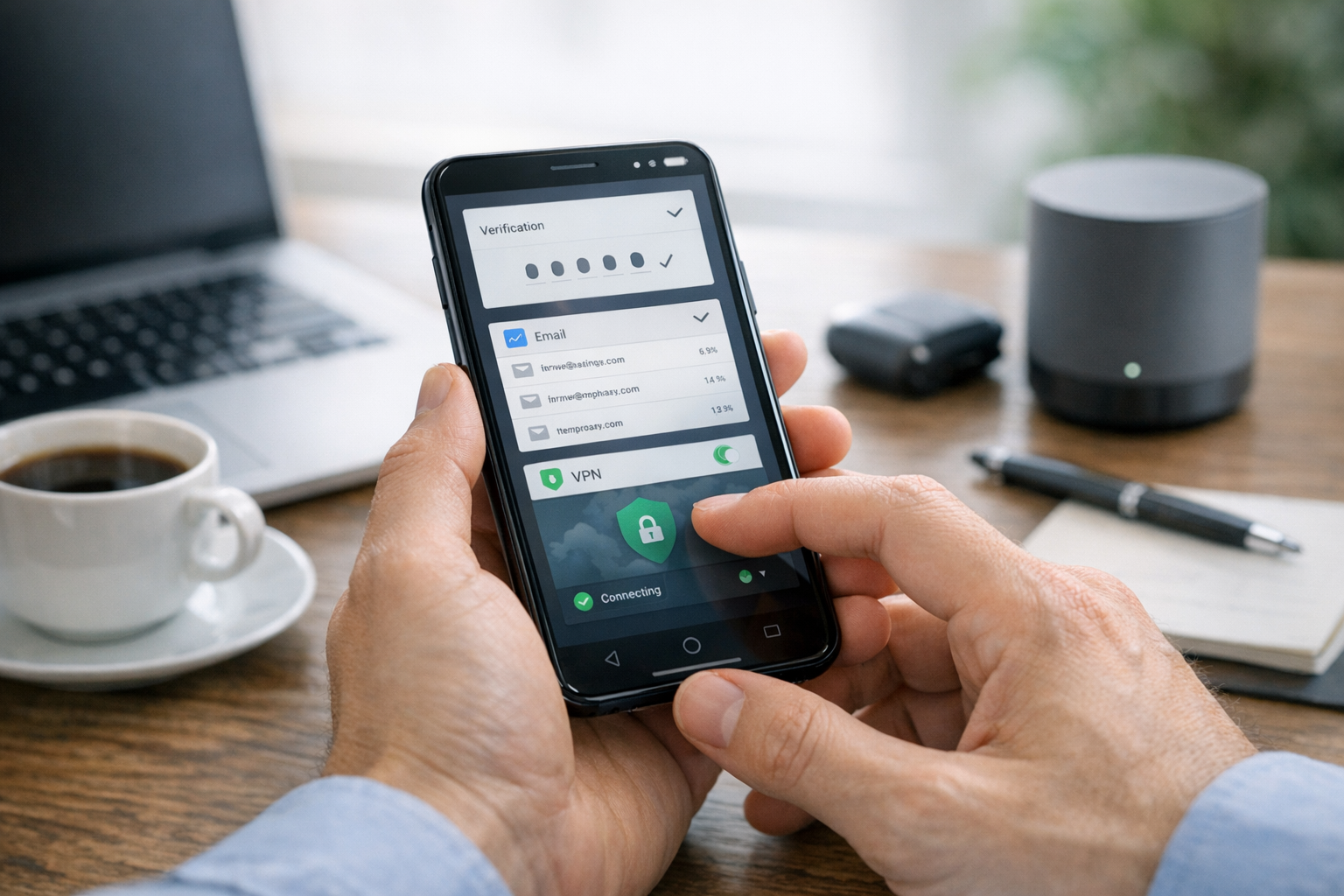 Adegan close-up realistis seseorang menggunakan smartphone untuk mengelola pesan...