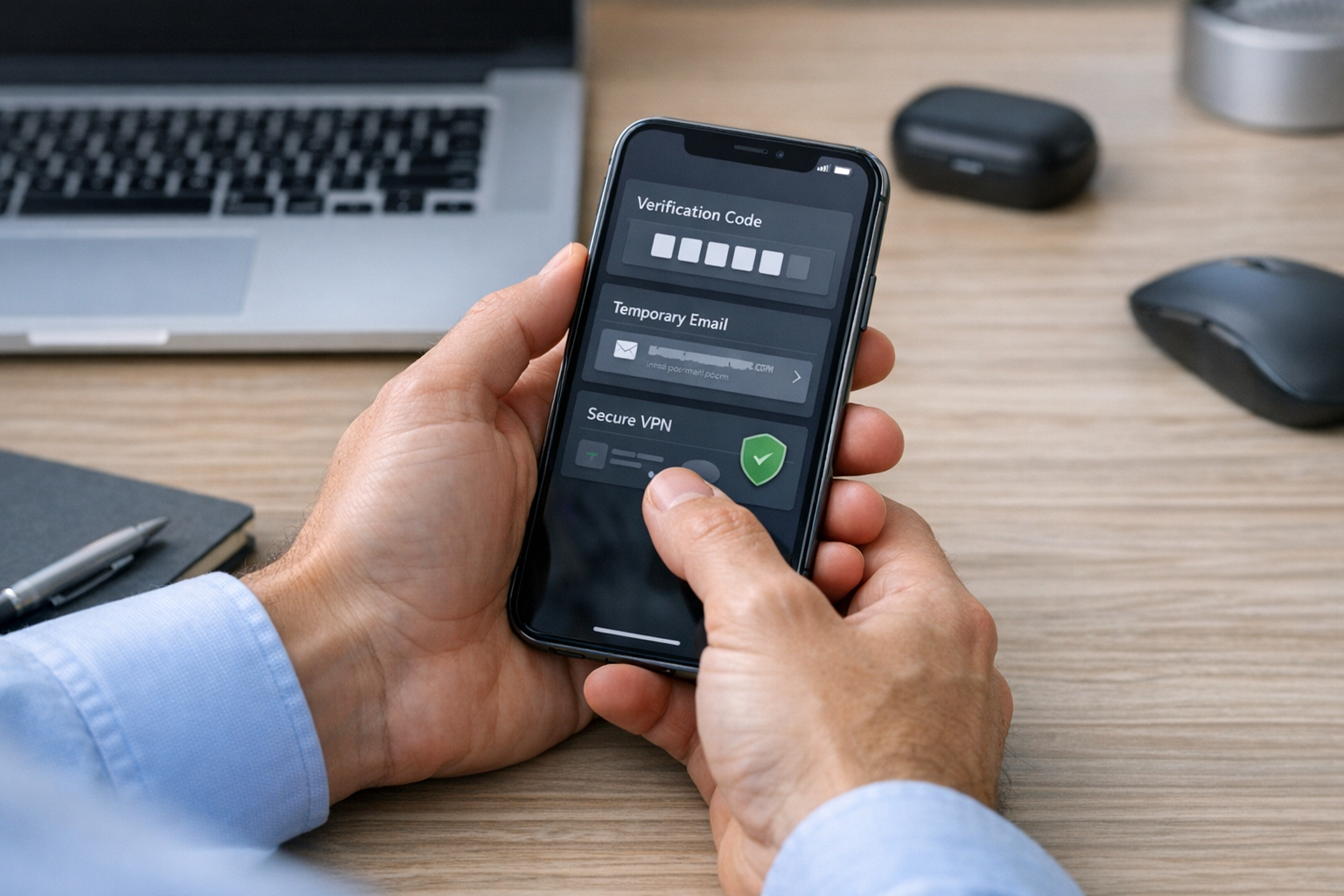 Cena realista em close de uma pessoa usando um smartphone para gerenciar mensage...