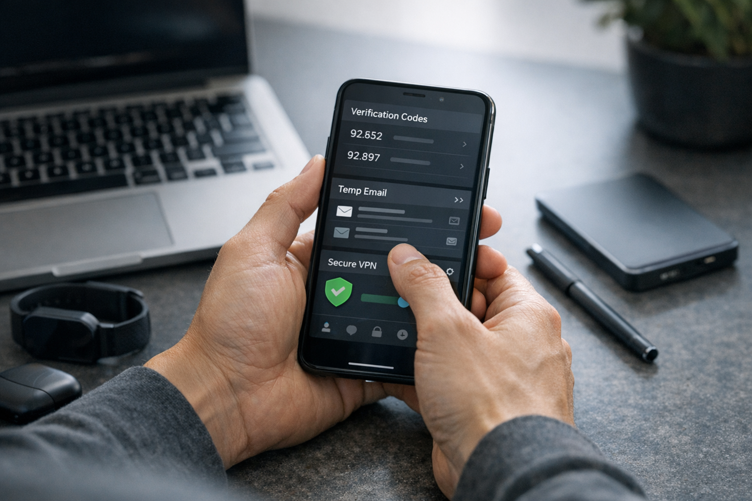 真实近景场景，一位用户使用智能手机管理验证码短信、临时邮箱和安全网络设置，画面带有简洁界面灵感元素，桌面配有低调科技配件，自然光，整体氛围专业务实，不含文字叠加...