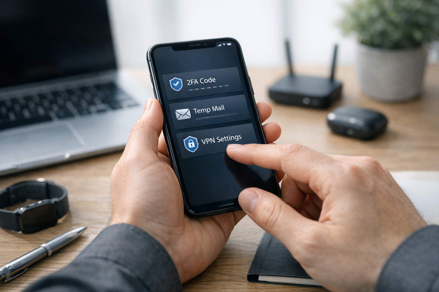 Escena realista en primer plano de una persona usando un smartphone para gestion...