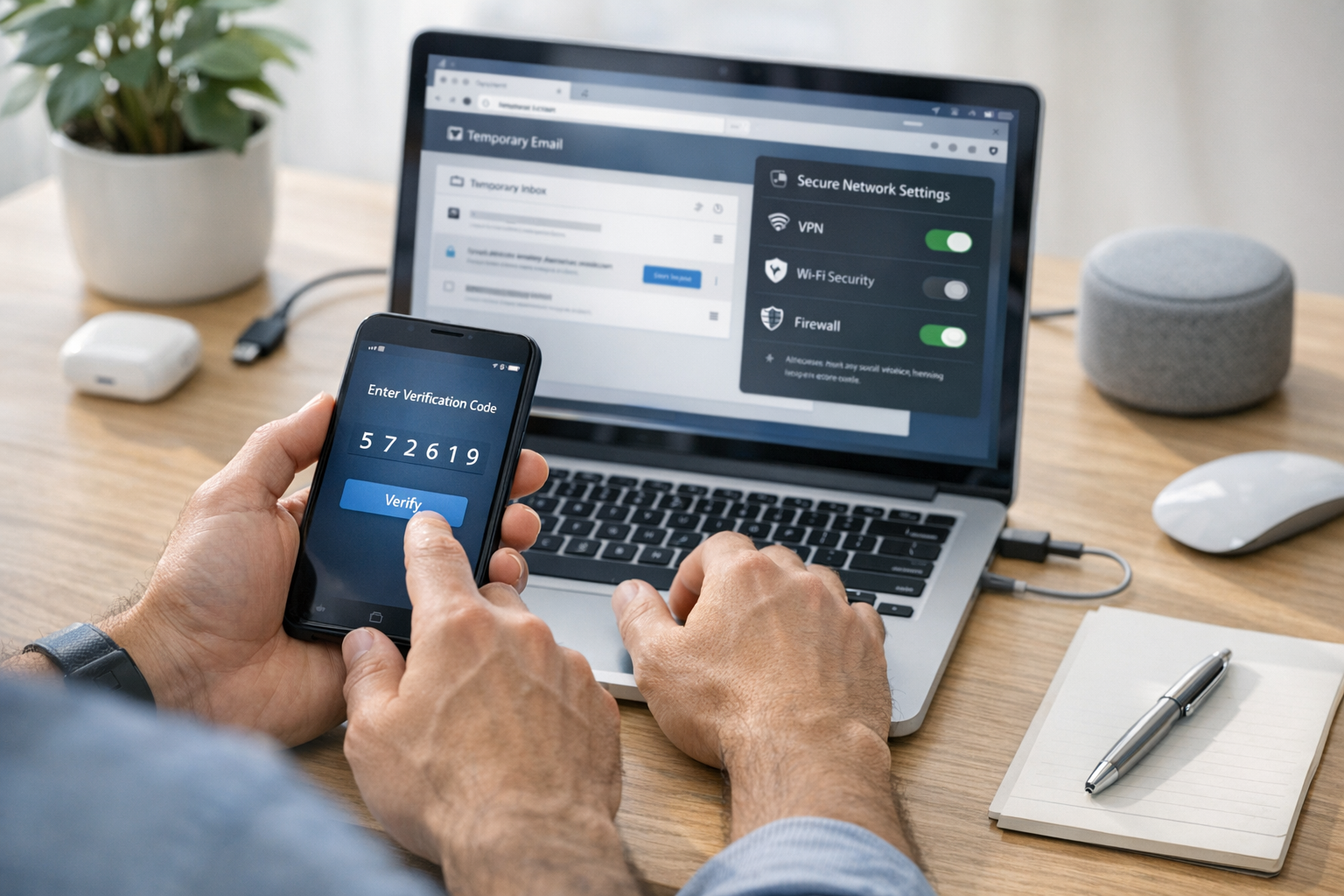 स्मार्टफ़ोन पर वेरिफिकेशन संदेश, अस्थायी ईमेल और सुरक्षित नेटवर्क सेटिंग्स मैनेज...