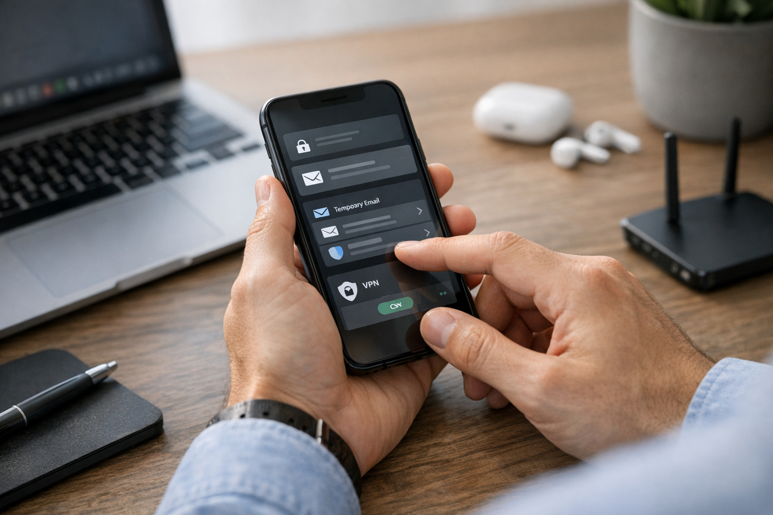 סצנת תקריב מציאותית של אדם המשתמש בסמארטפון לניהול הודעות אימות, אימייל זמני והג...
