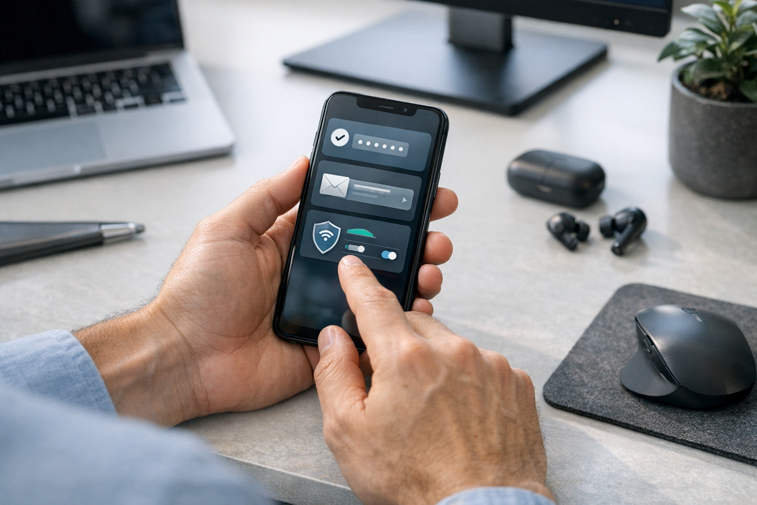Scena ravvicinata realistica di una persona che usa uno smartphone per gestire m...