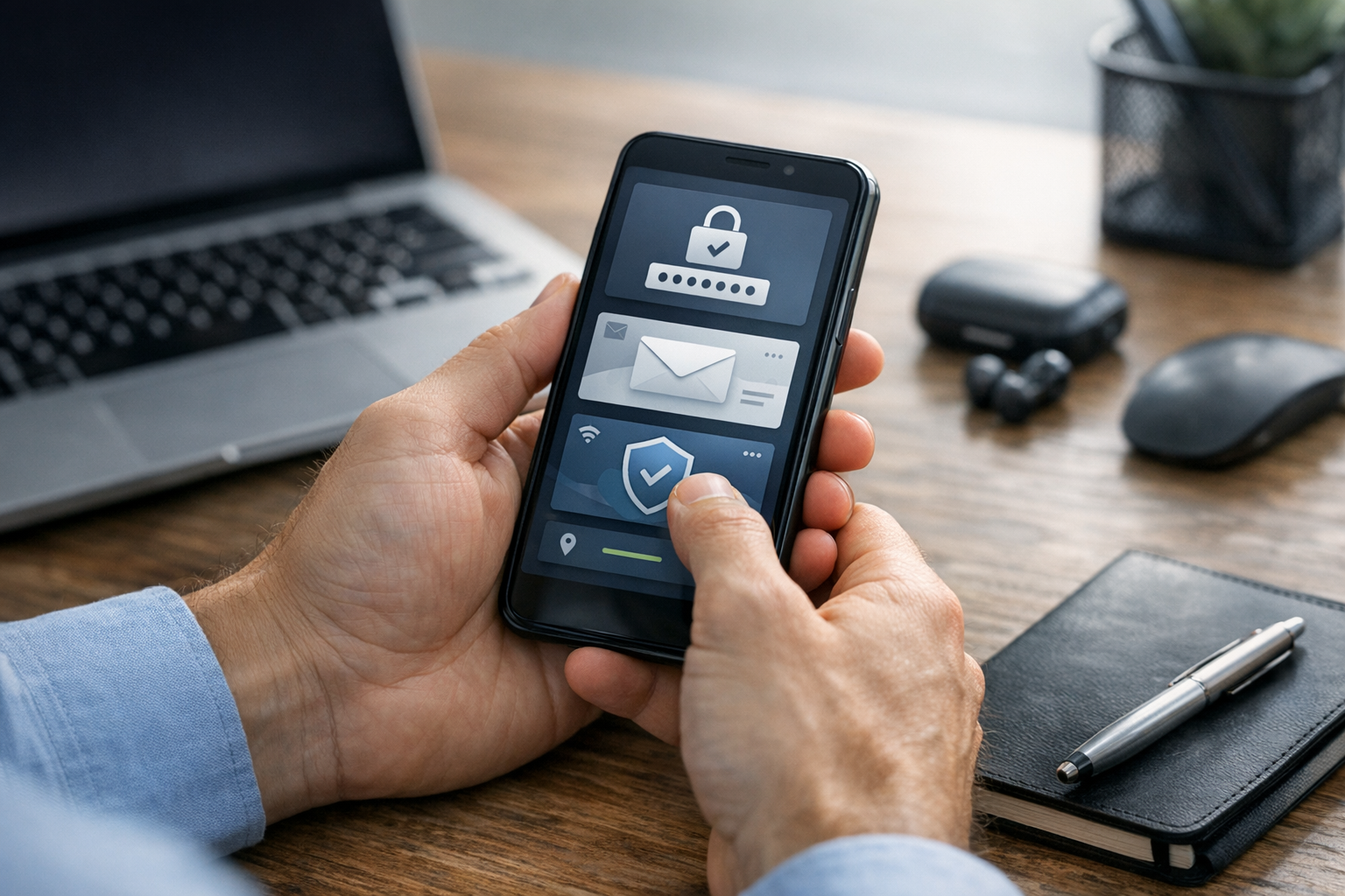 Realistisk närbild av en person som använder en smartphone för att hantera verif...