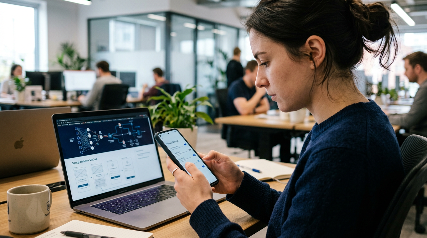 Реалистичный крупный план человека со смартфоном, сравнивающего задачи приватности и подключения...