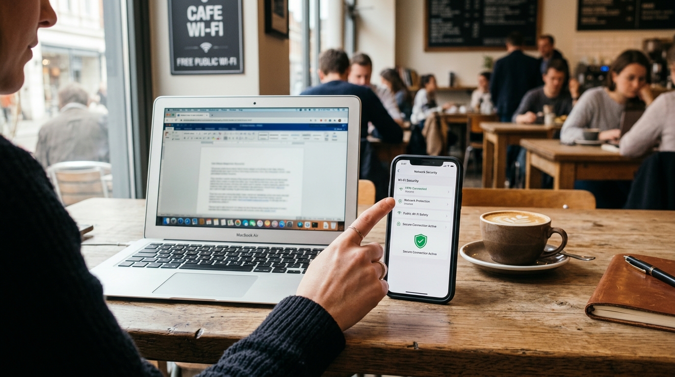 Professional travel setting with a smartphone on a cafe table next to a laptop