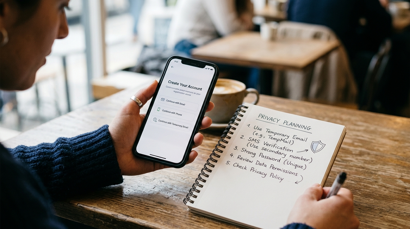 Realistic close-up of a person holding a smartphone while reviewing account registration options