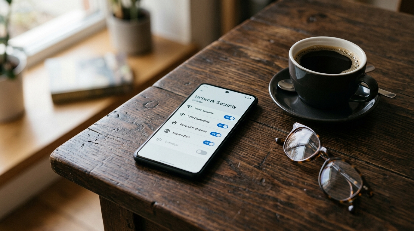 一部智能手机平放在深色木桌上，旁边是一杯咖啡，代表个人数字环境。