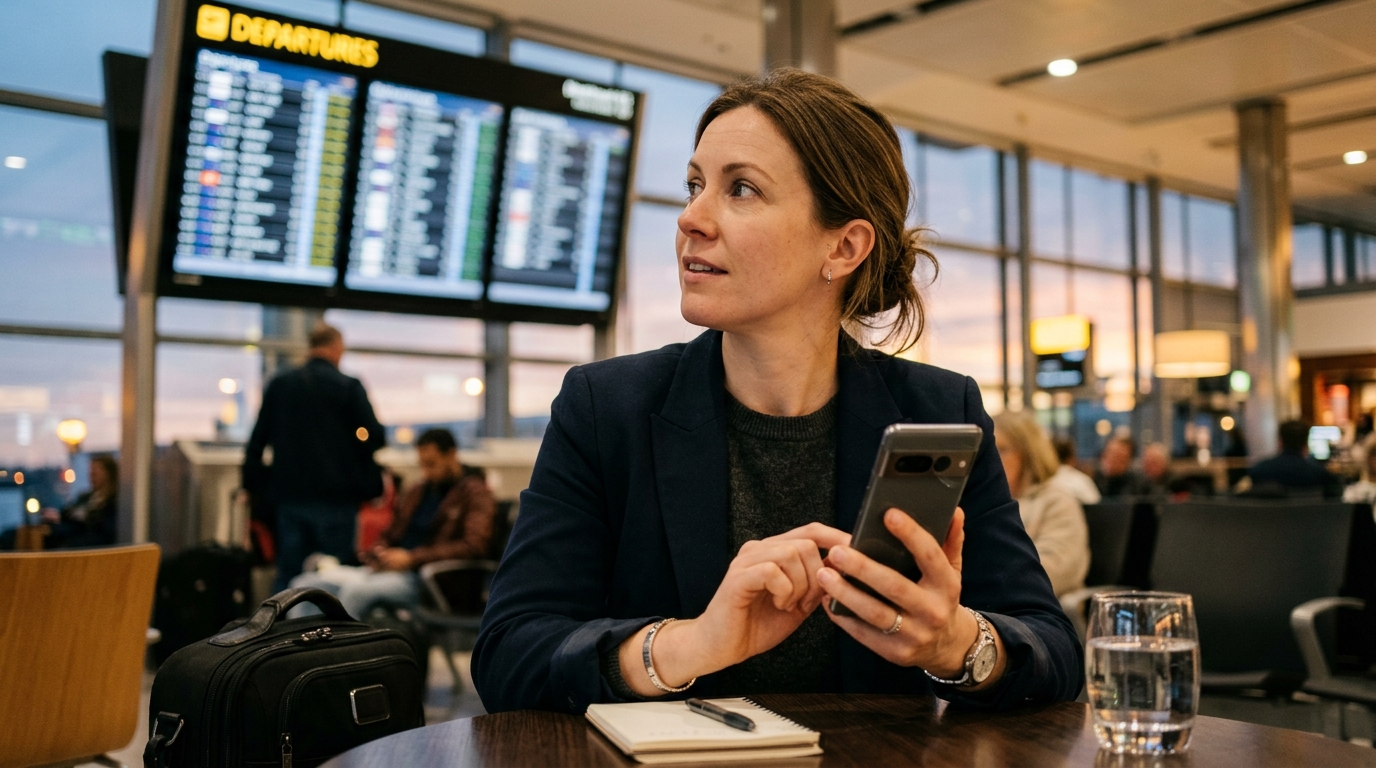 En professionel kvinde i en lufthavnslounge, der bruger en mobilenhed