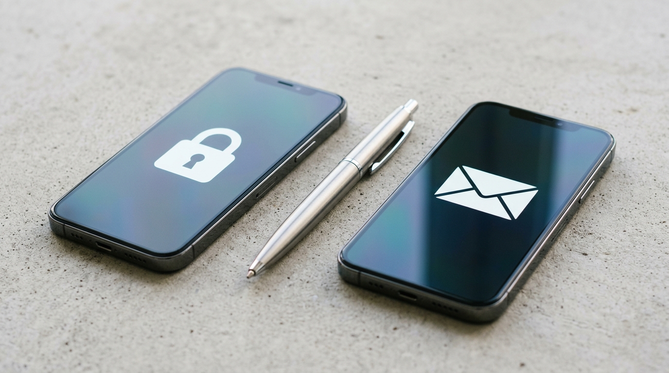 디지털 신원의 분리를 상징하기 위해 두 대의 세련된 스마트폰을 나란히 배치한 개념적이고 정교한 사진.