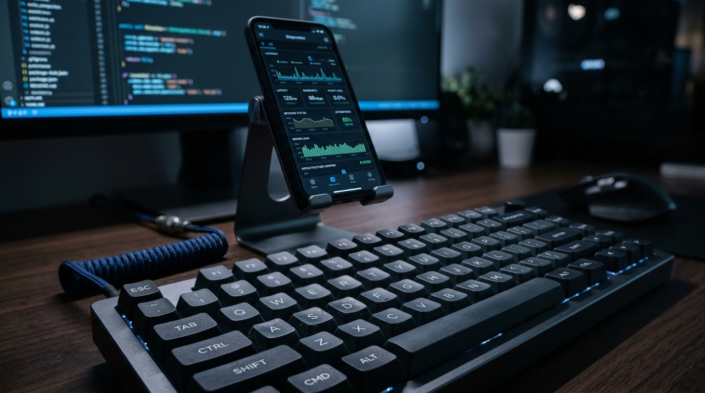 현대 소프트웨어 엔지니어링에 필요한 정밀함을 강조하기 위해 얕은 심도로 촬영한 개발자의 기계식 키보드 근접 사진.