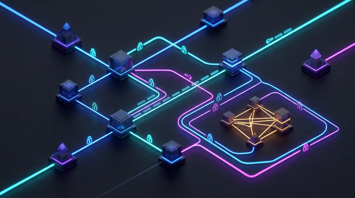 Eine minimalistische visuelle Darstellung von sicherem Netzwerk-Routing mit leuchtenden Neonlinien.