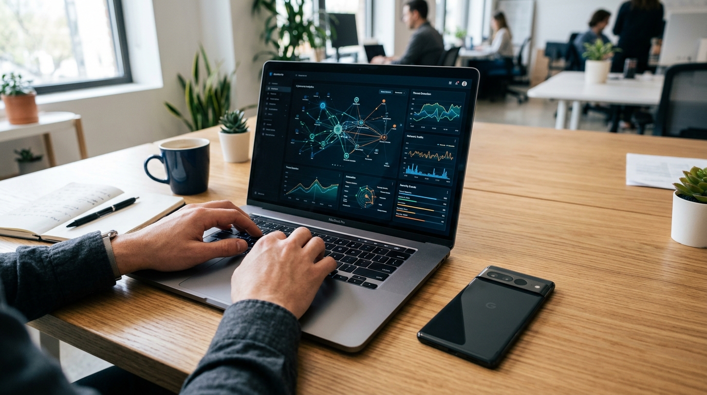 Ein professioneller Arbeitsplatz, an dem eine Person auf einer Laptoptastatur schreibt.