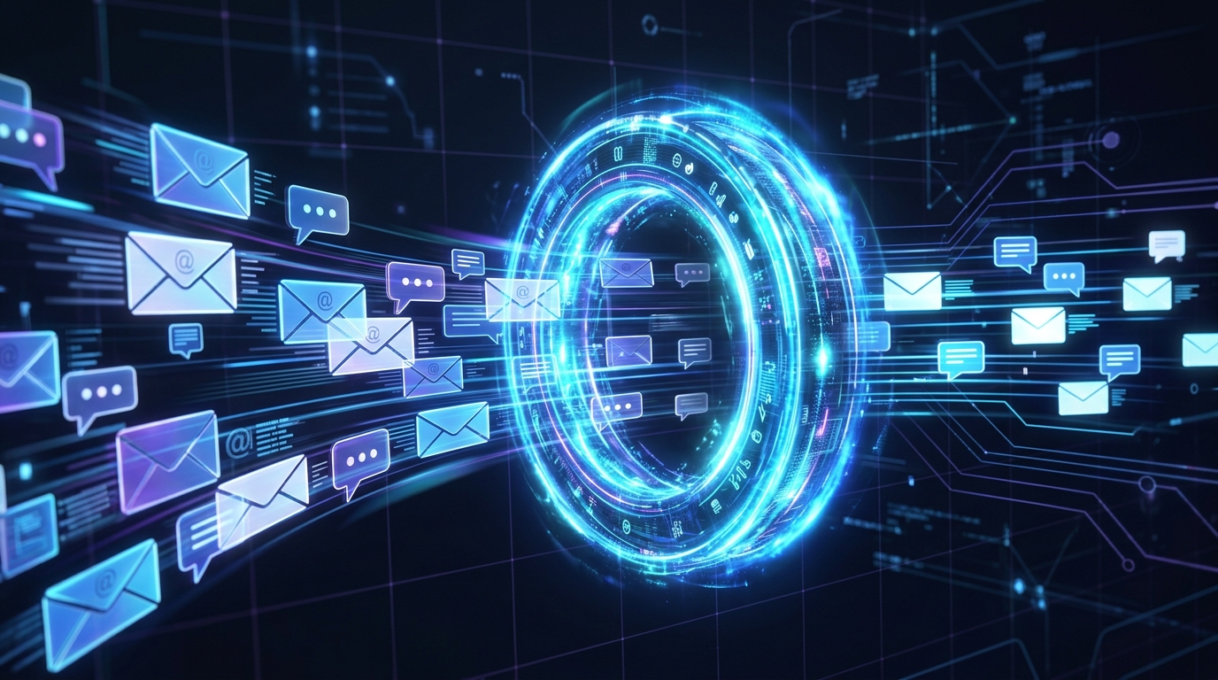 多个数字信封和对话气泡的抽象、专业 3D 渲染图