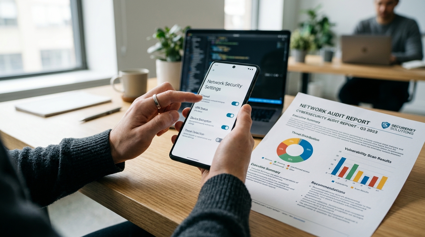 现代办公环境，展示了一个人的手正在智能手机上配置隐私设置