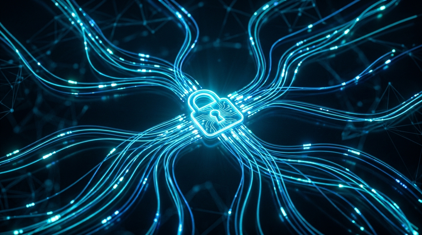 光り輝くデジタルデータストリームと鍵のアイコンでネットワーク暗号化を表現した、抽象的なハイテクコンセプト画像。
