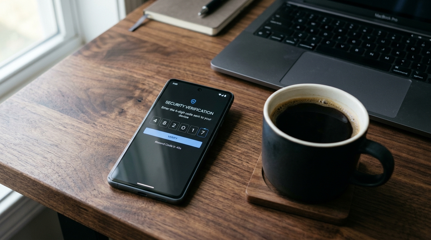 ミニマリストなデスクの上に表向きに置かれた最新スマートフォンのクローズアップ写真。モバイルデジタルのセキュリティを象徴している。