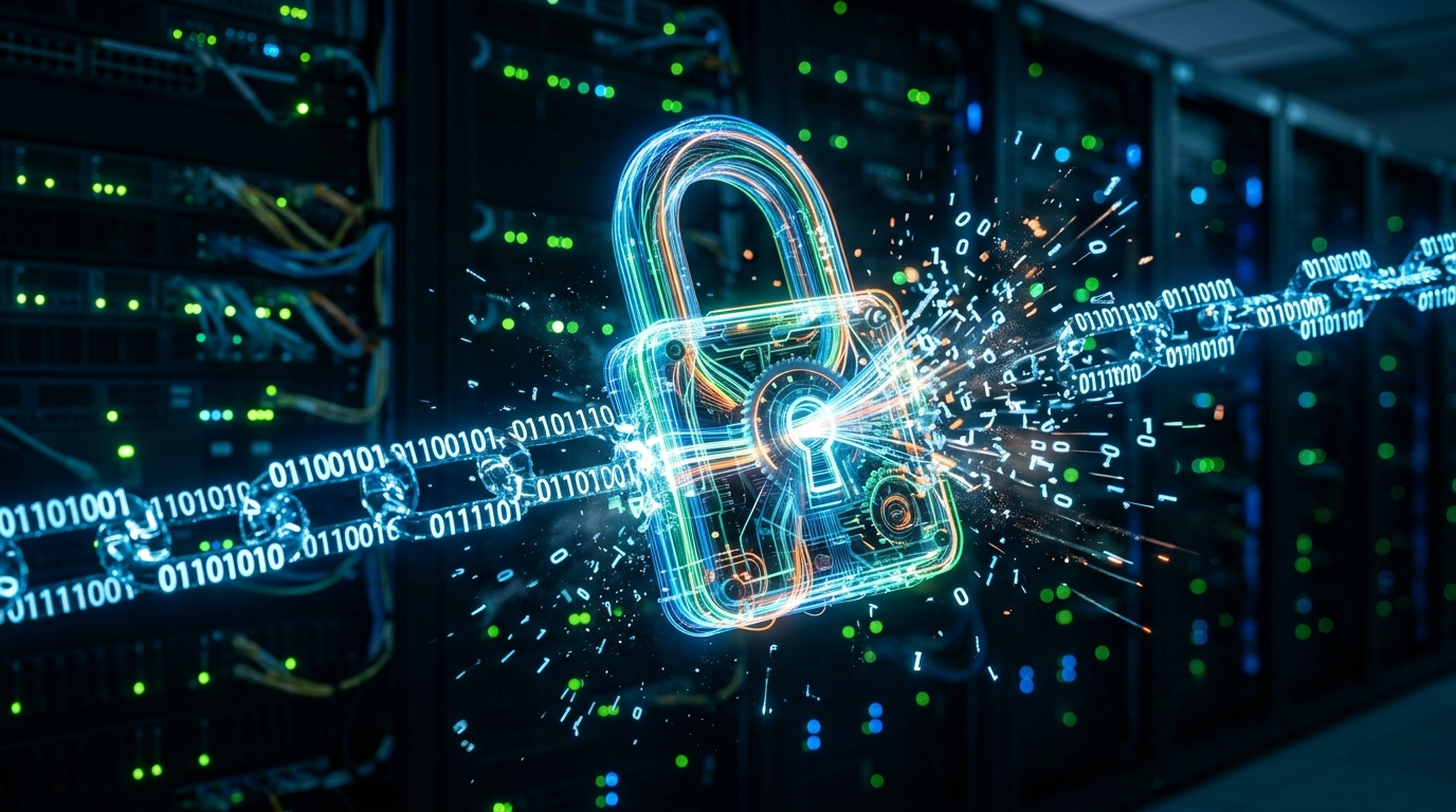 一张艺术化的概念图，展示了由发光光纤组成的实体锁打破了一串二进制代码...