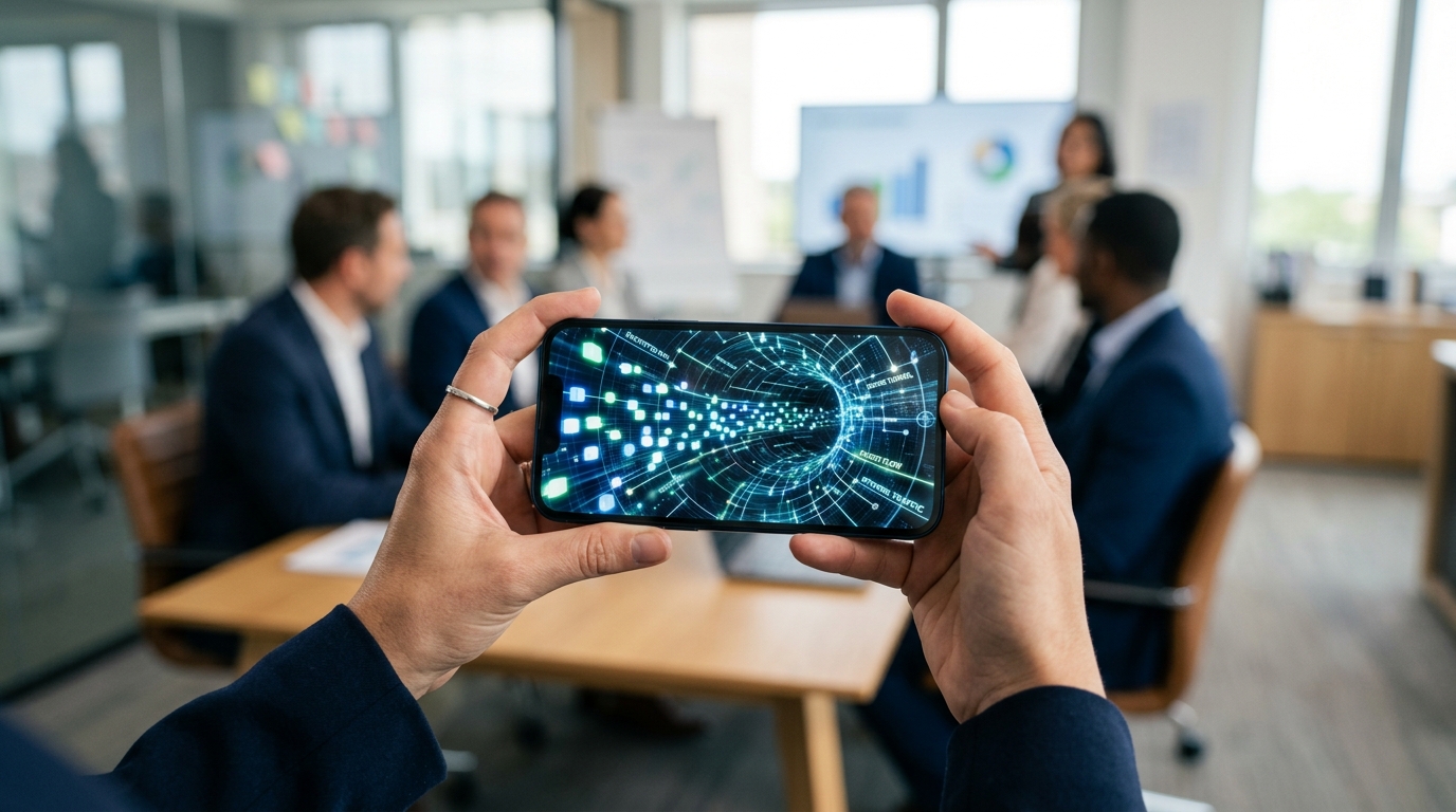 一张写实的人手横向握持现代智能手机的特写照片...