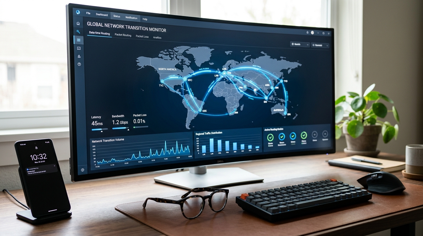 Ein modernes digitales Dashboard auf einem Breitbildmonitor, das Netzwerkgrafiken zeigt...