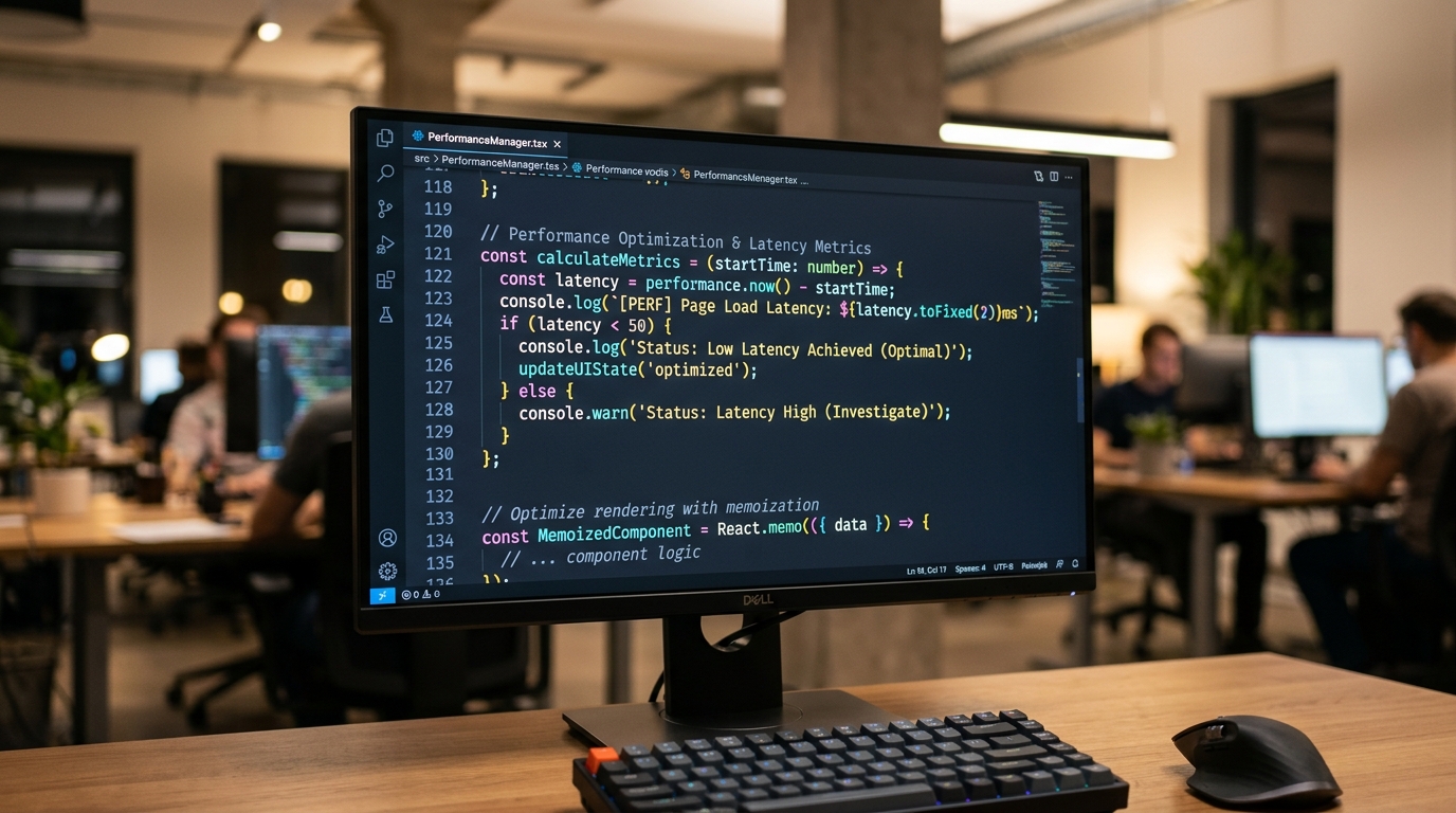 Nahaufnahme eines Computer-Monitors im Dark Mode, der saubere, farbige Codezeilen anzeigt...