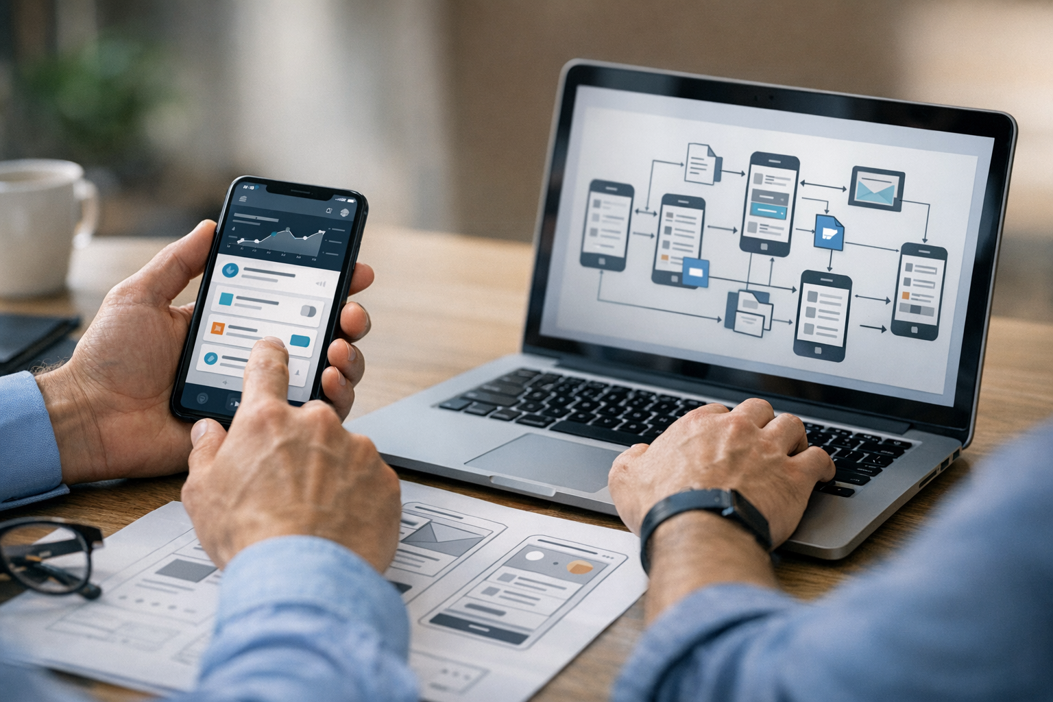 Close-up of a designer and developer reviewing a mobile application interface an...