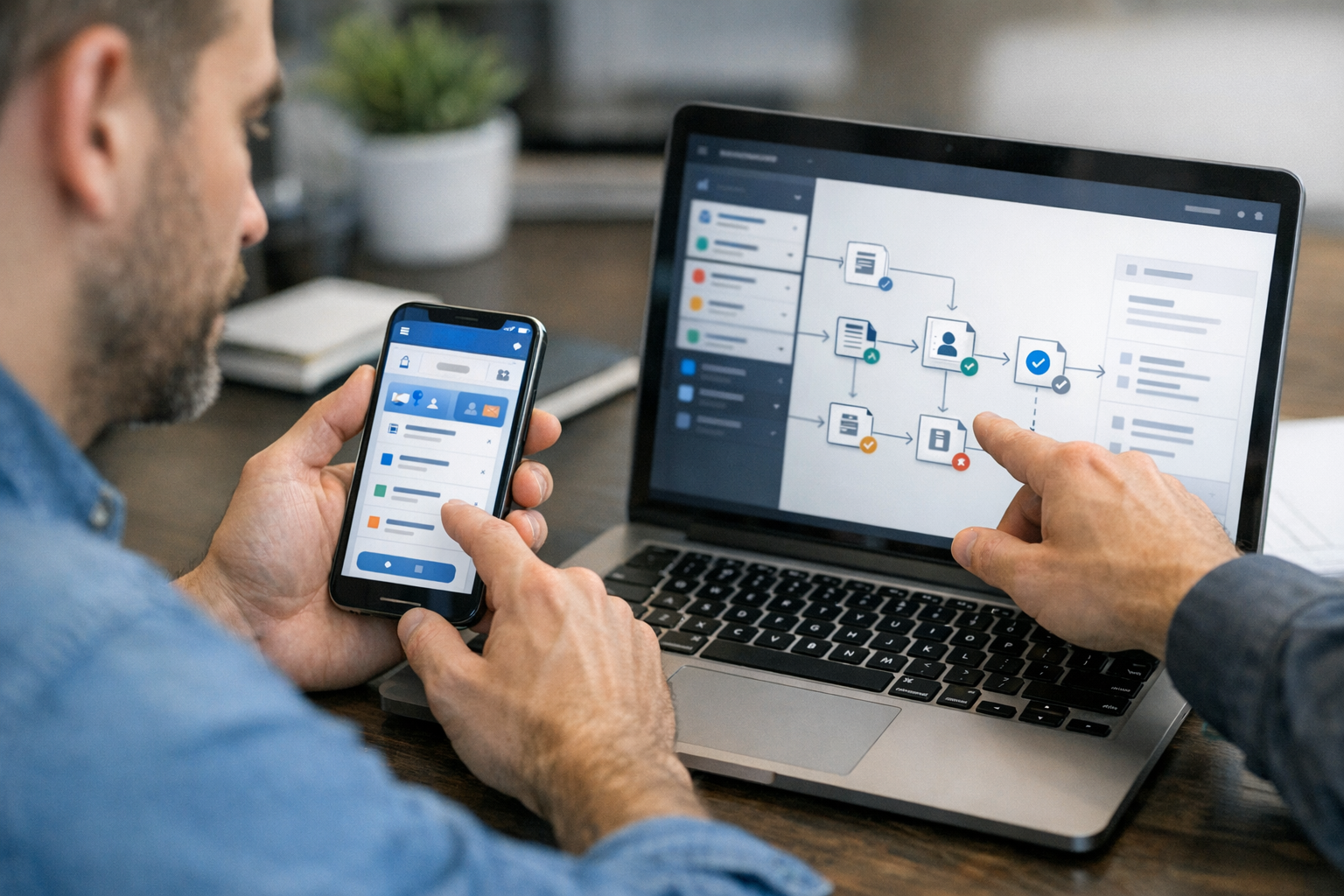 Primer plano de un diseñador y un desarrollador revisando la interfaz de una apl...
