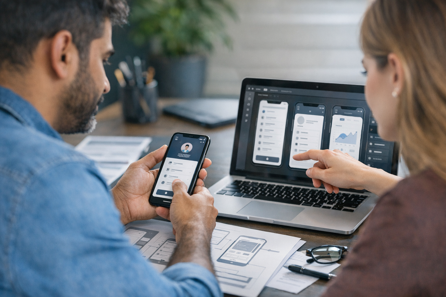 एक डिजाइनर और डेवलपर का क्लोज़-अप, जो स्मार्टफोन और लैपटॉप पर मोबाइल एप्लिकेशन इ...