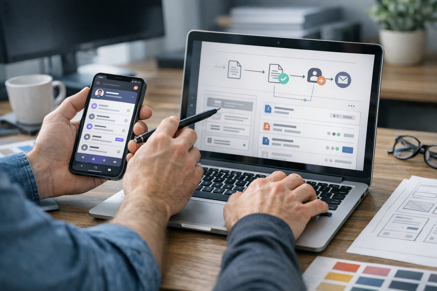 Zbliżenie projektanta i programisty analizujących interfejs aplikacji mobilnej o...