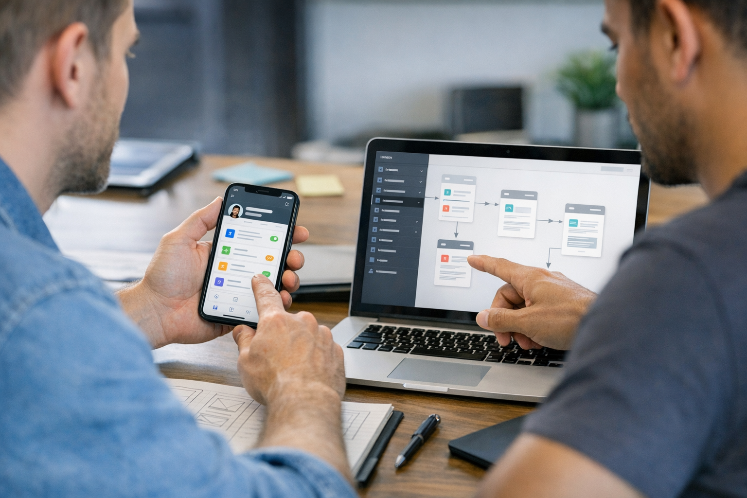 Close de um designer e um desenvolvedor analisando a interface de um aplicativo ...
