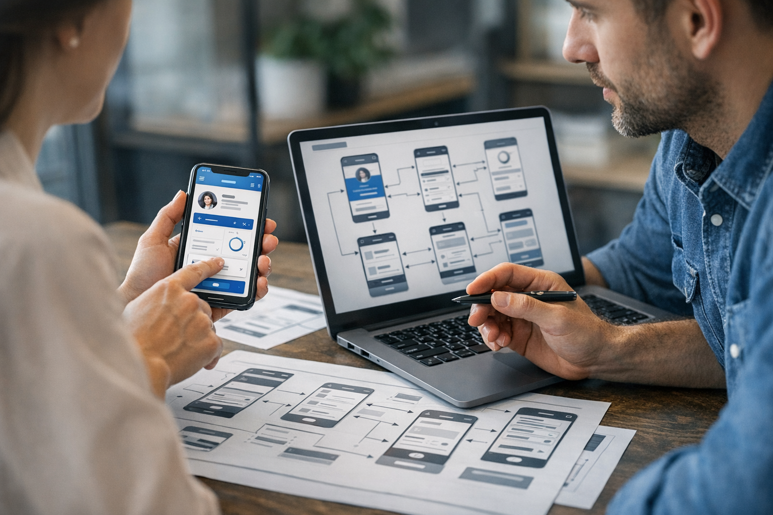 Közeli felvétel egy designerről és egy fejlesztőről, akik okostelefonon és lapto...