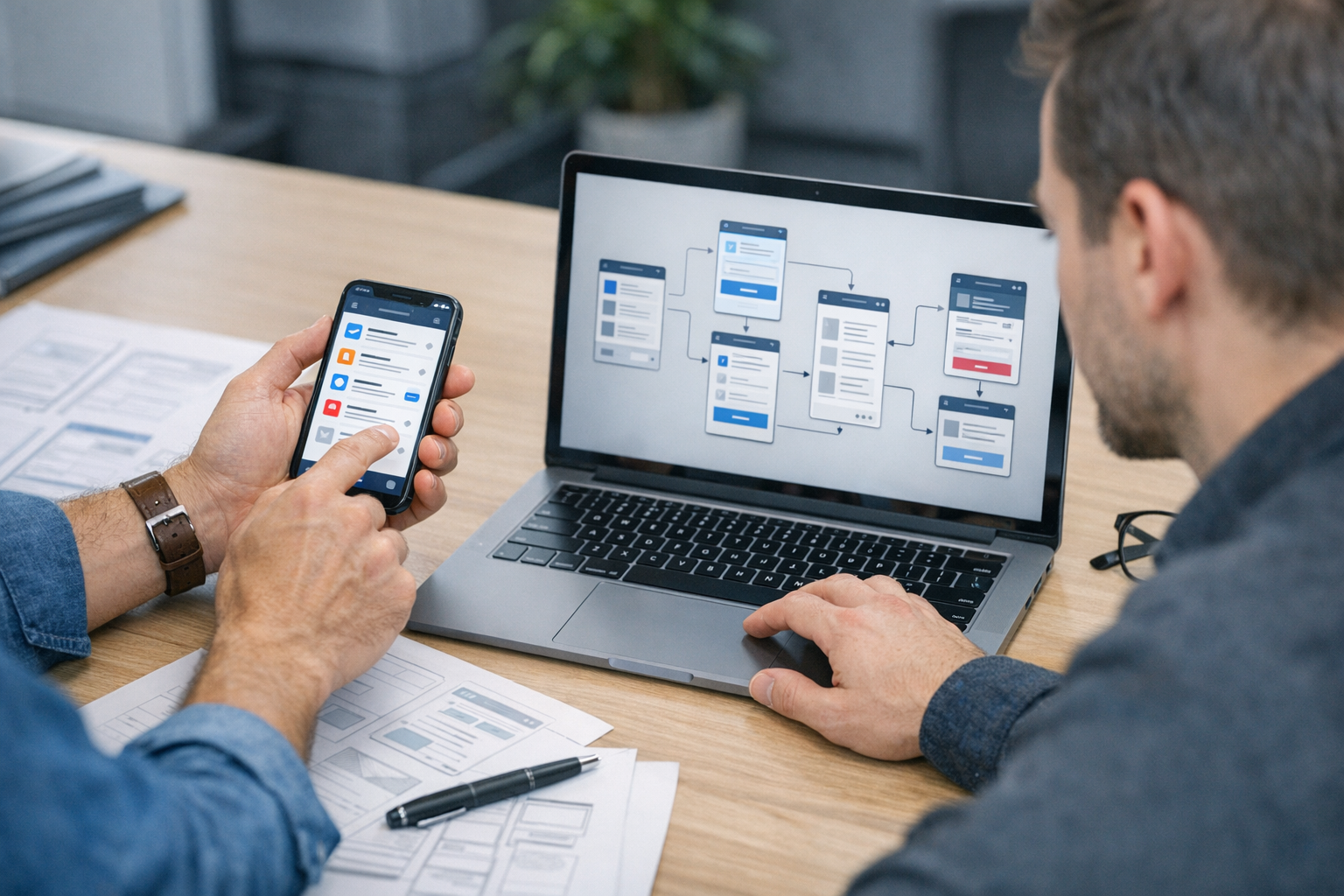 Nahaufnahme eines Designers und eines Entwicklers, die eine mobile App-Oberfläch...